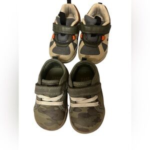 2 pairs of Carters boys sneakers Velcro camo size 4 & beige-grey size 4.5